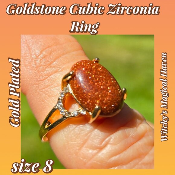 Gold-Plated Goldstone Gemstone Ring adorned with Cubic Zirconia, Size 8 - Picture 3 of 3